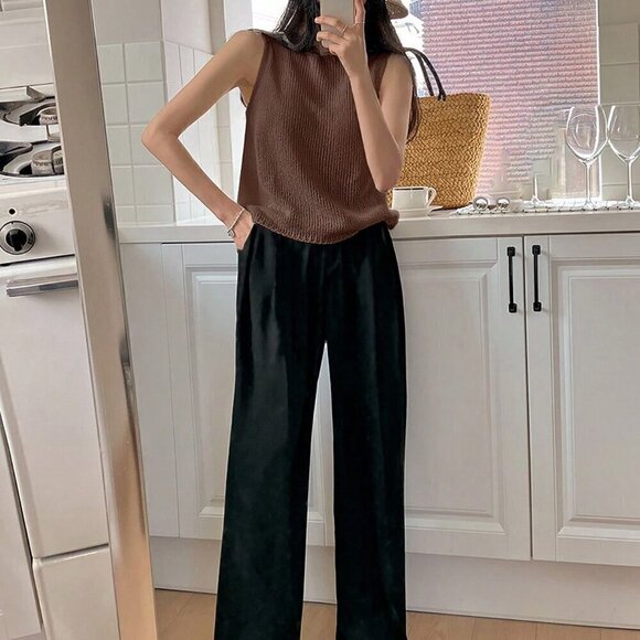 Coffee Brown Casual Women's Solid Round Neck Knit Top - Picture 3 of 4